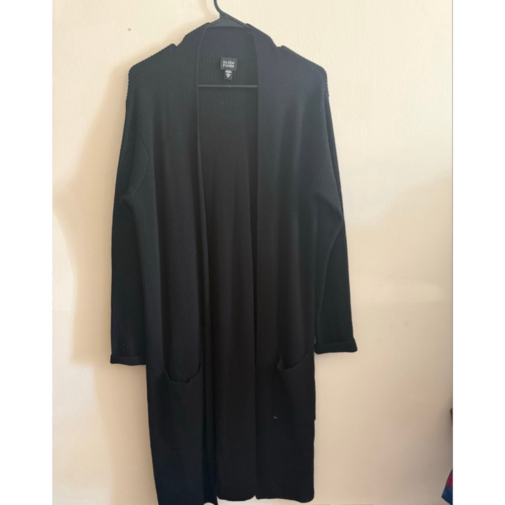 Women's Eileen Fisher Black Ribbed Long Cardigan M